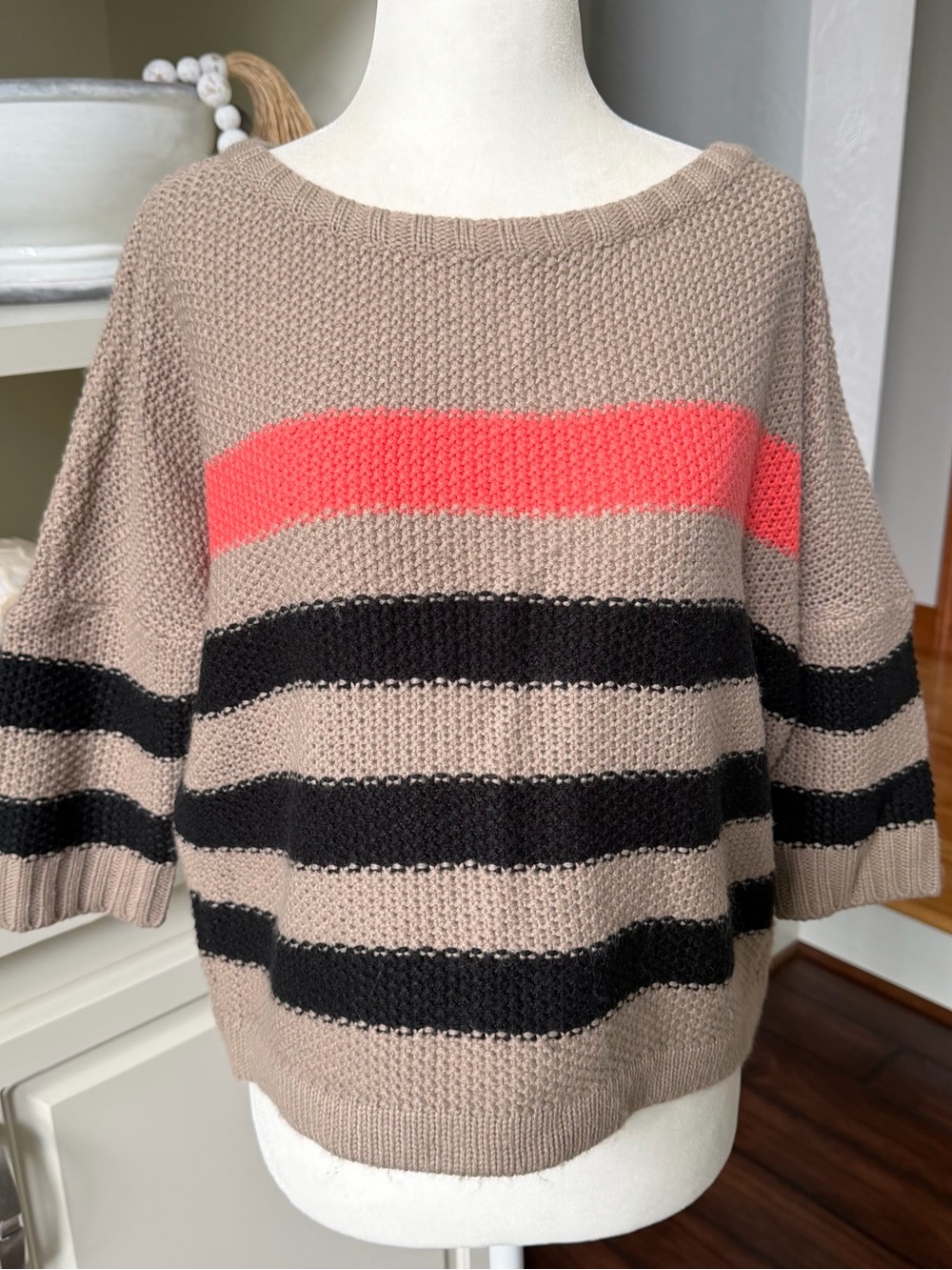 Lumiere Taupe Knit Sweater with Black Stripes and Coral Band